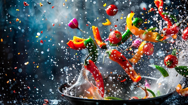 Photo colorful peppers being tossed in a frying pan