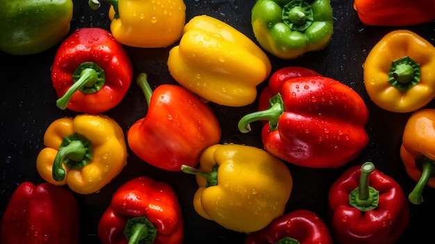 Colorful peppers on a black background with water drops on it