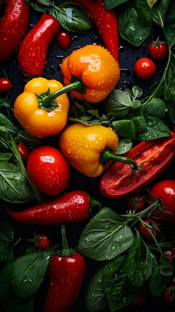 colorful peppers and tomatoes on a black background