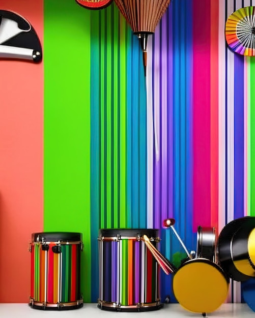 colorful percussion musical instruments next to multicolored stripes