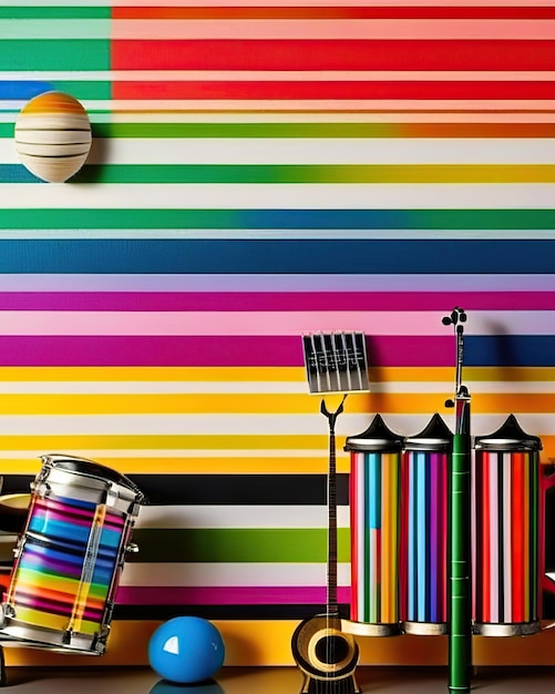 Colorful percussion musical instruments next to multicolored stripes