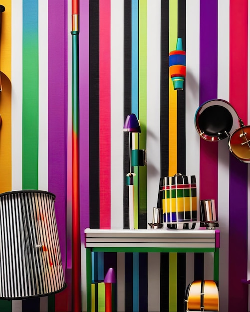colorful percussion musical instruments next to multicolored stripes