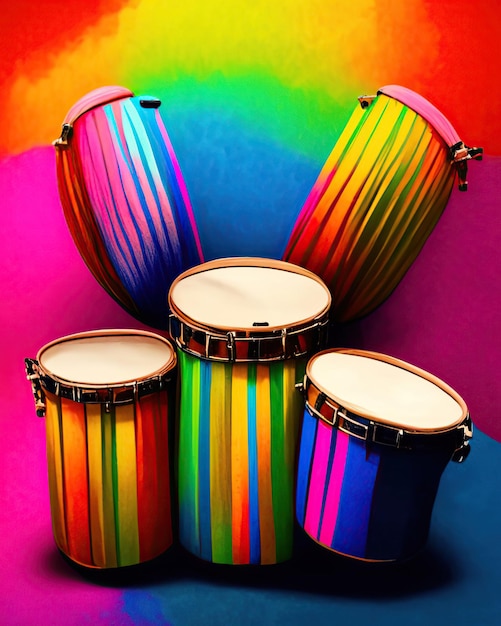 colorful percussion musical instruments next to multicolored stripes