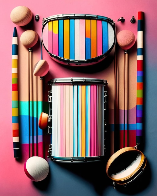 colorful percussion musical instruments next to multicolored stripes