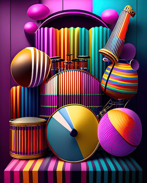 colorful percussion musical instruments next to multicolored stripes