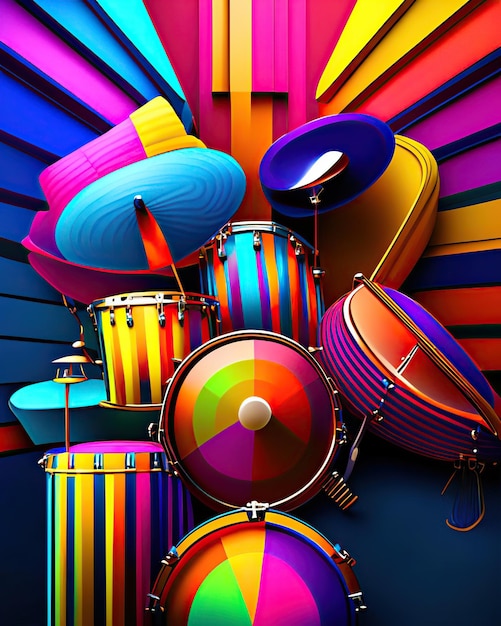 colorful percussion musical instruments next to multicolored stripes