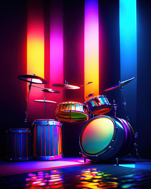 colorful percussion musical instruments next to multicolored stripes