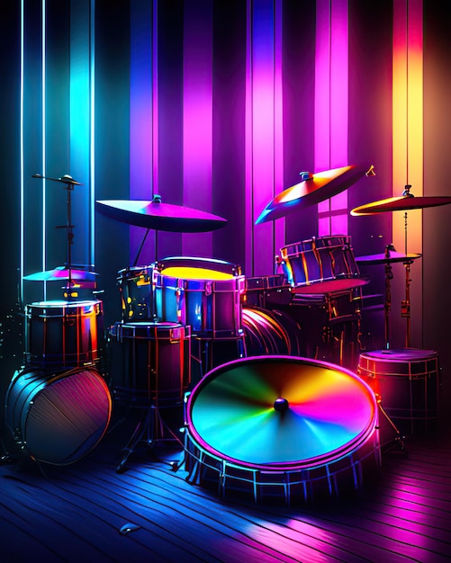 красочные ударные музыкальные инструменты рядом с многоцветными полосами