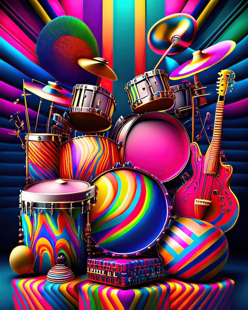 colorful percussion musical instruments next to multicolored stripes