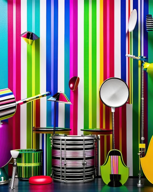 colorful percussion musical instruments next to multicolored stripes