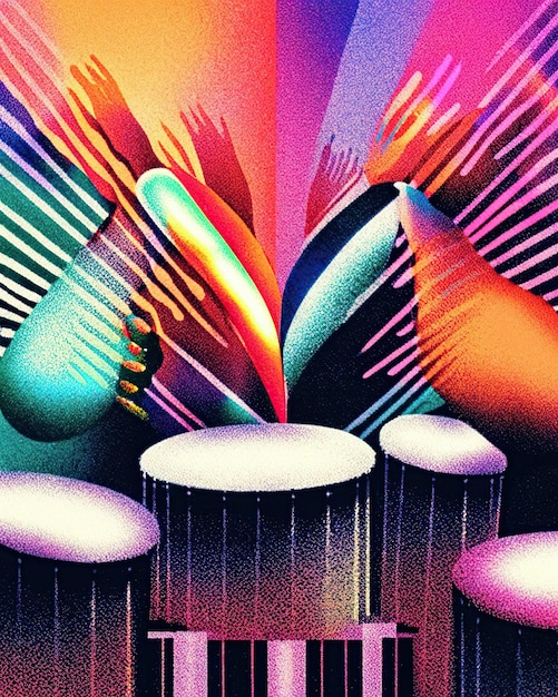 colorful percussion musical instruments next to multicolored stripes