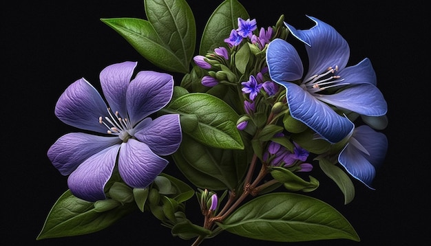 Colorful periwinkle vinca minor flowers Created by Midjourney