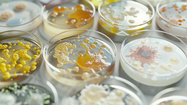 Colorful petri dishes showcasing diverse bacterial cultures in a lab