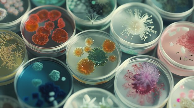 Colorful petri dishes with different bacteria cultures