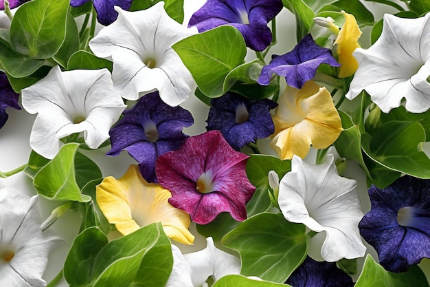 Colorful petunia flowers on white background Flat lay top view