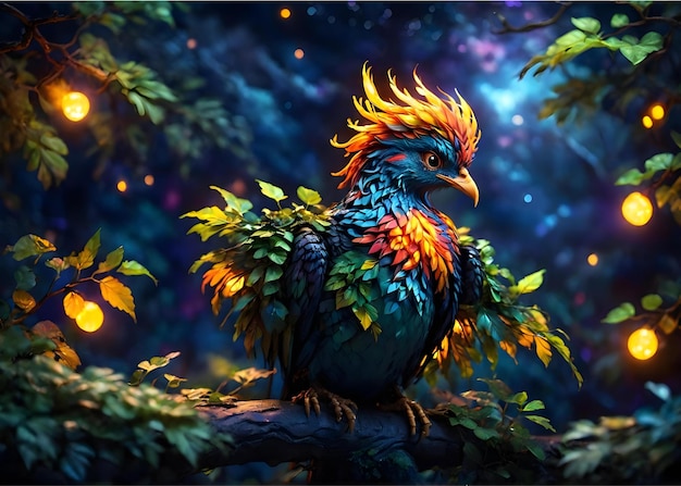 a colorful phoenix bird overlooking the night sky