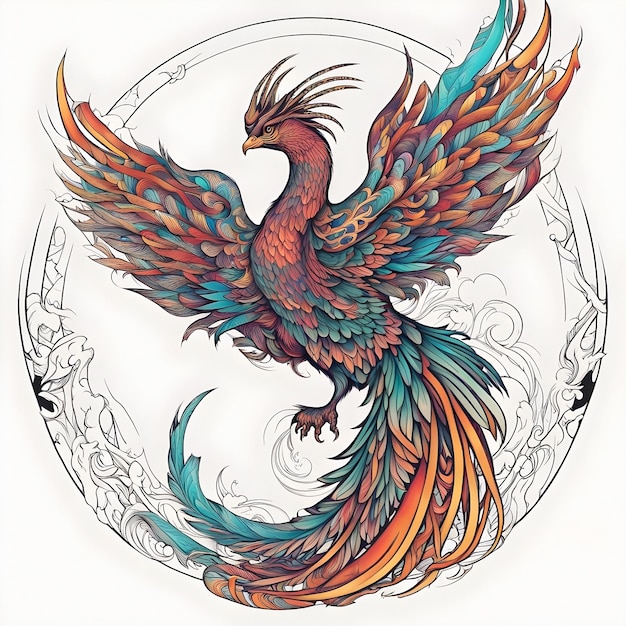 Colorful phoenix bird tattoo design on white background