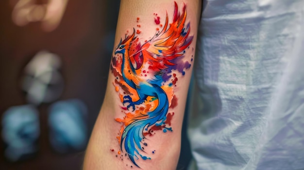 Foto tatuaggio colorato di fenice sul braccio