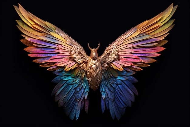 A colorful phoenix with wings spread on a black background