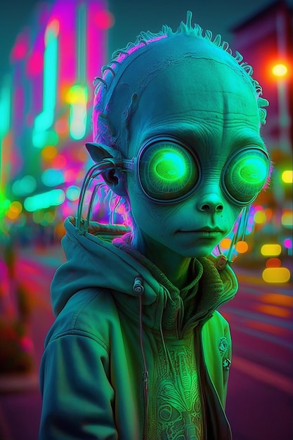 A colorful photo of a alien with green eyes and a hoodie.