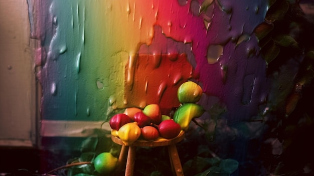 A colorful photo of a basket of fruit with a rainbow background.