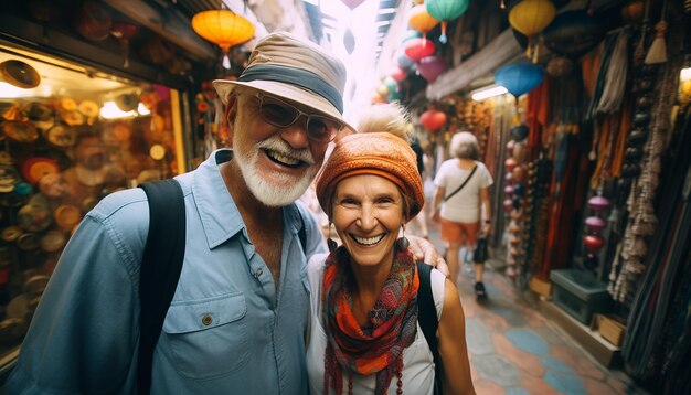 다채로운 사진 세계 여행 행복 한 감정적 인 사진에 행복 한 오래 된 관광 커플