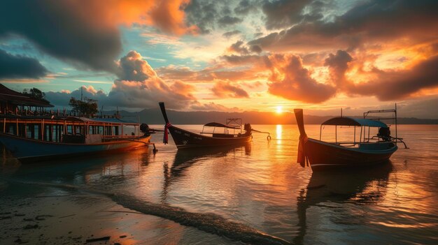 写真 美しい地平線の景色のある湖の近くに横たわっているローイングボートのカラフルな写真