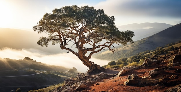 A colorful photo of a spanish cork tree in the mountain sunset over the mountains