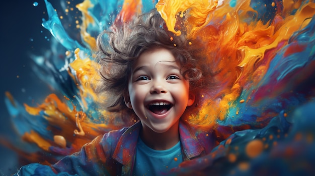 A colorful photograph of a boy at the holi festival generative ai