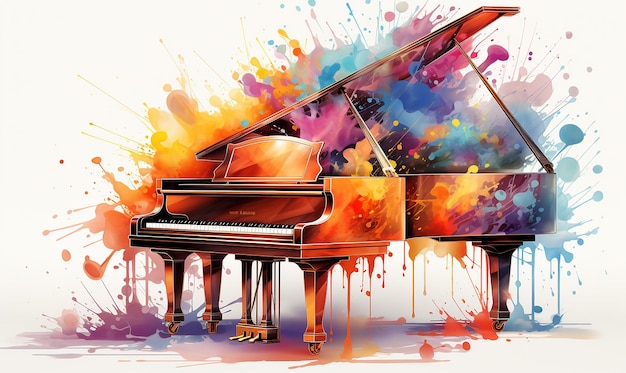 A colorful piano displayed on a white background with music notes