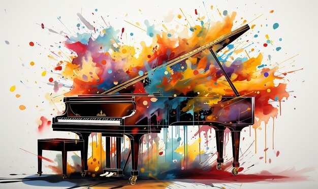 A colorful piano displayed on a white background with music notes