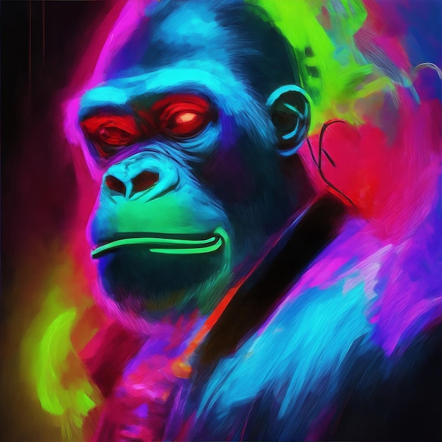 A colorful Picasso style neon art gorilla wearing headphones photo realistic high definition tro