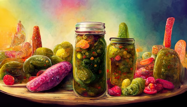 Colorful pickles jars and cucumbers vegetables concept art illustration