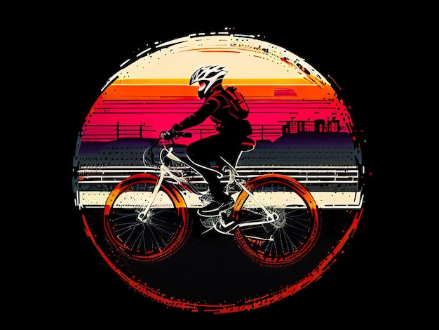 A colorful picture of a bicycle with a rider on the back