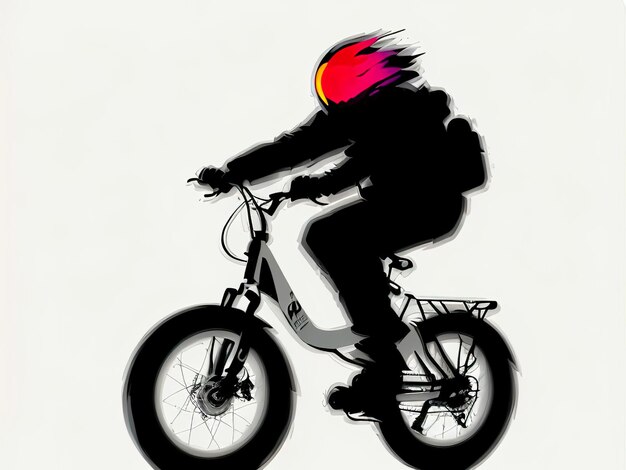 A colorful picture of a bicycle with a rider on the back