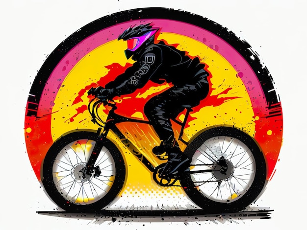 A colorful picture of a bicycle with a rider on the back