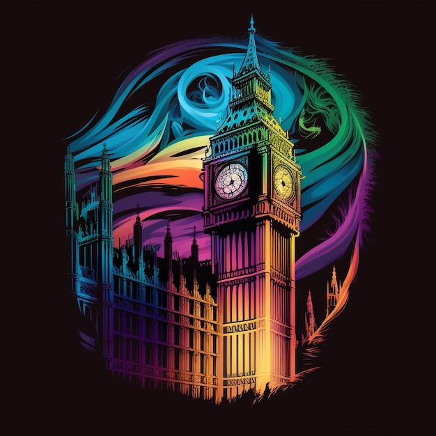 A colorful picture of big ben with a moon behind it.