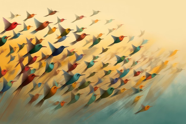 A colorful picture of birds flying in the sky