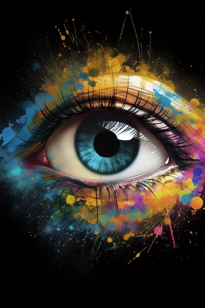 A colorful picture of a blue eye with colorful paint splatters.