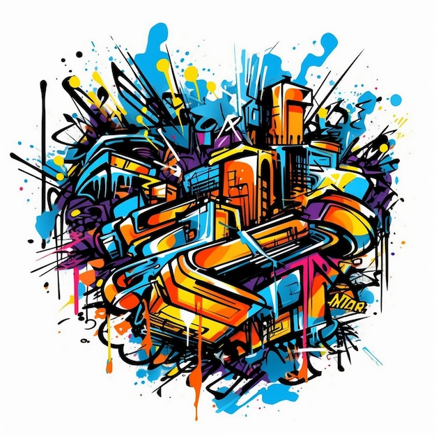 a colorful picture of a building with a lot of graffiti on it.