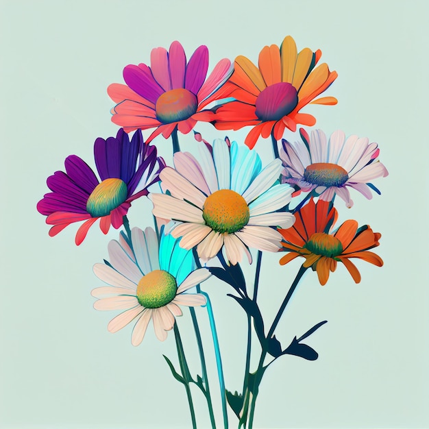 A colorful picture of a bunch of daisies on a blue background.