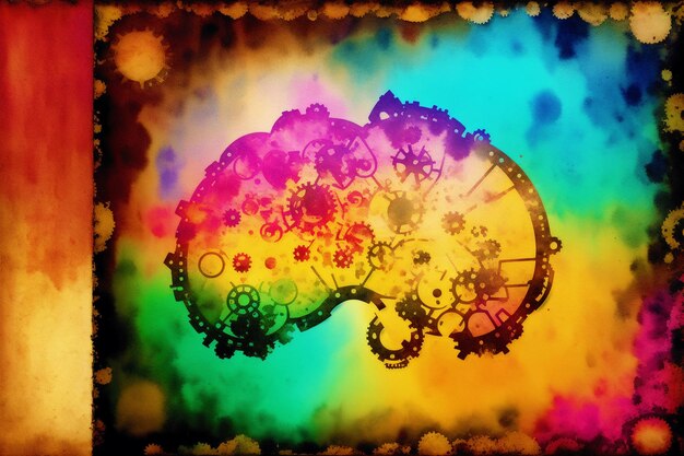 A colorful picture of a cat with a large number of gears on it