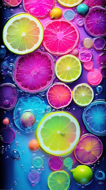 A colorful picture of a colorful lemon and orange juice