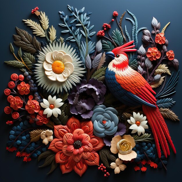 A colorful picture of flowers and a bird with a red beak