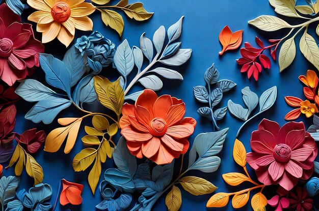 A colorful picture of flowers and leaves with a blue background