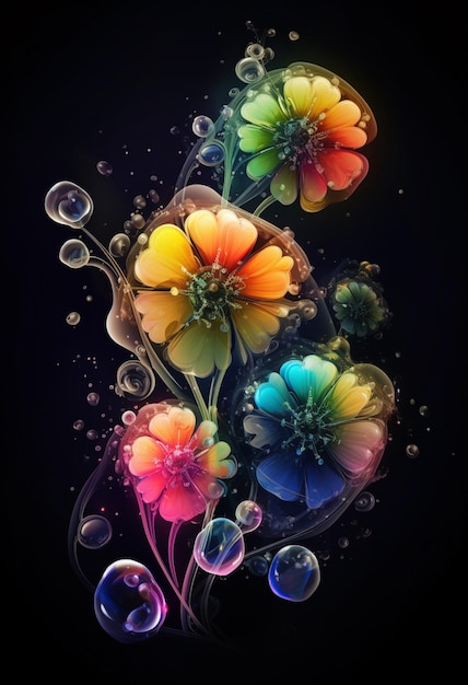 A colorful picture of flowers with bubbles and bubbles on a black background.