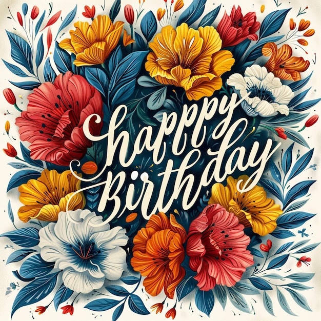 красочная картина цветов и слова " Счастливого дня рождения "