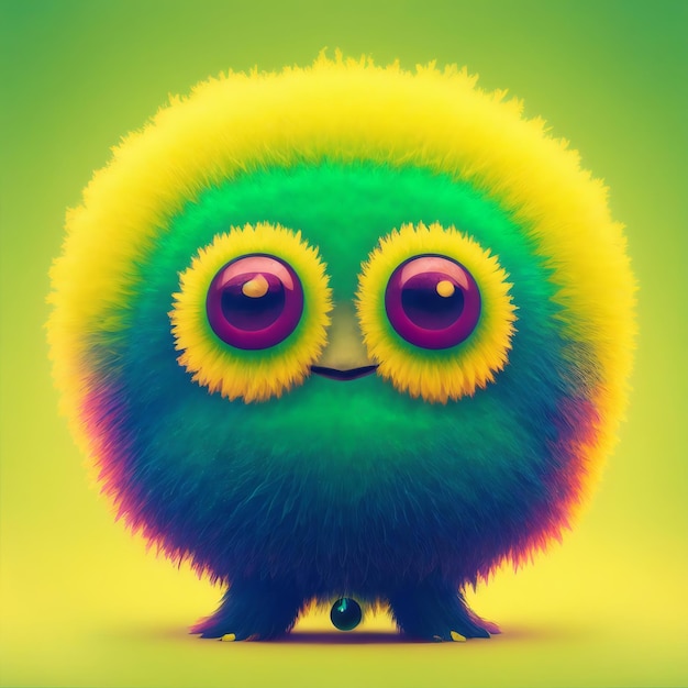 A colorful picture of a fluffy creature with big eyes and a big round eye.