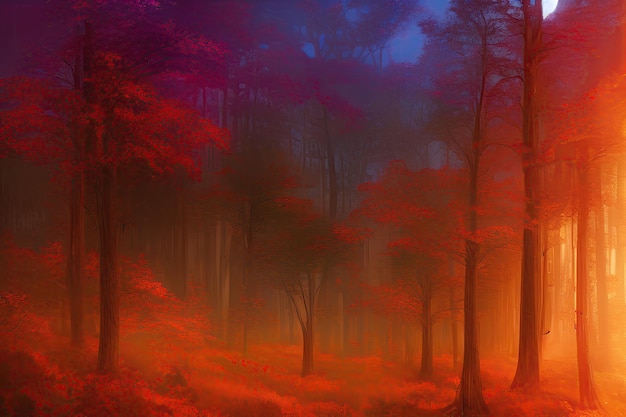 A colorful picture of a forest with a red and purple forest.