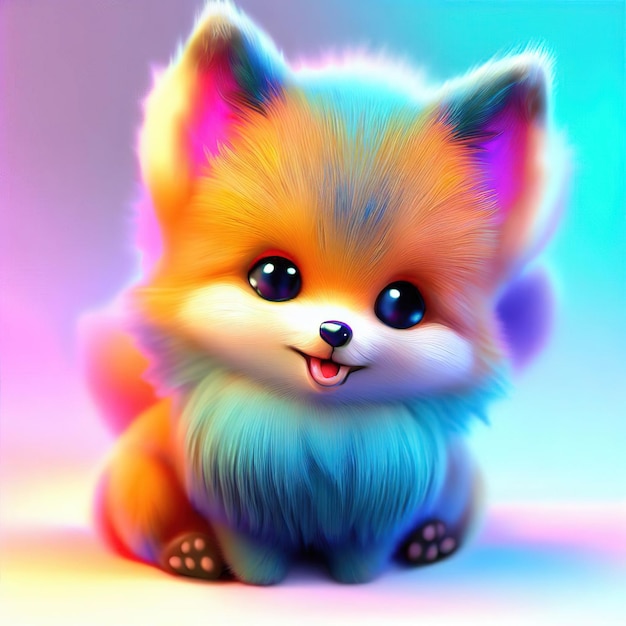 A colorful picture of a fox with blue eyes and a pink tongue.